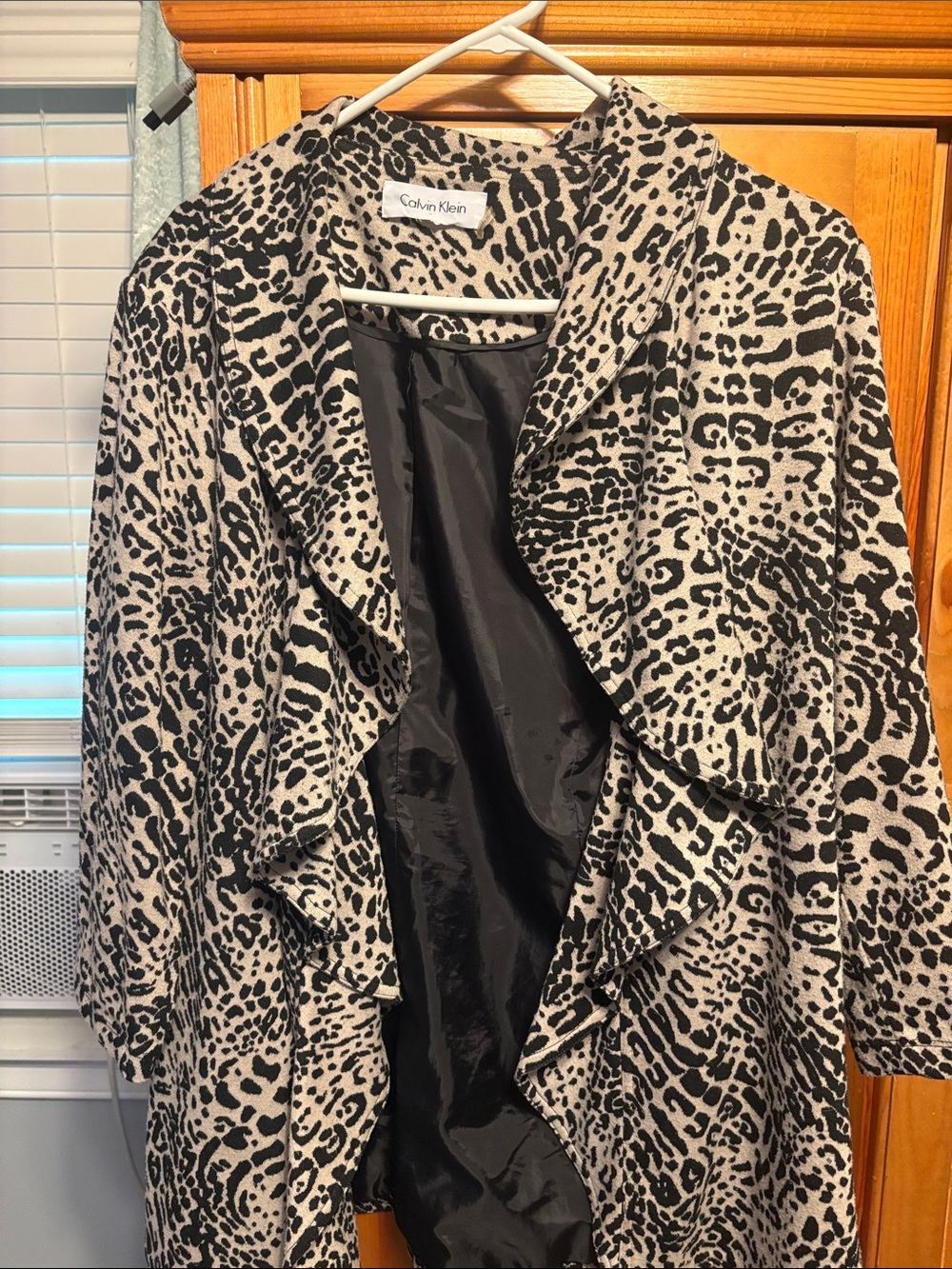 Calvin Klein Black & White Animal-Print Draped Trench Coat
